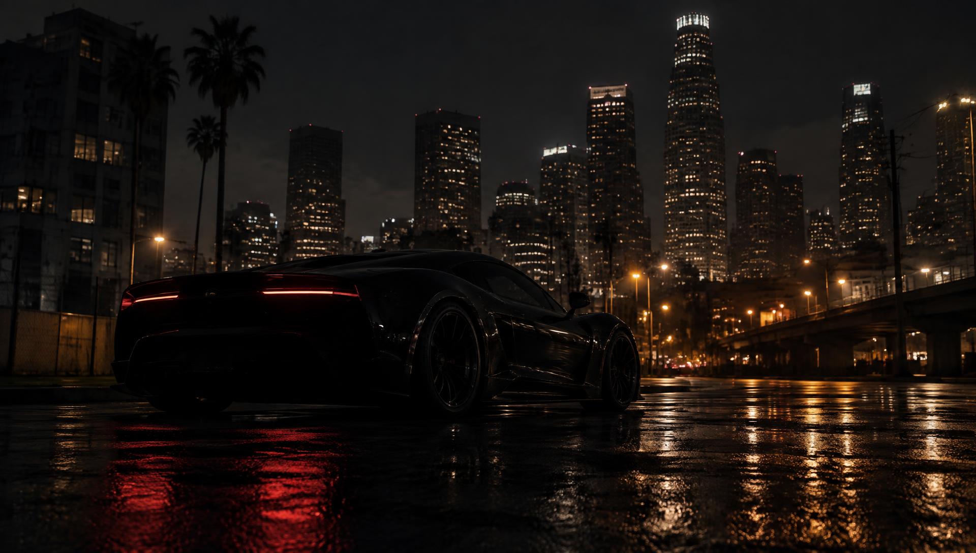 Exotic car on a wet downtown Los Angeles street at night
